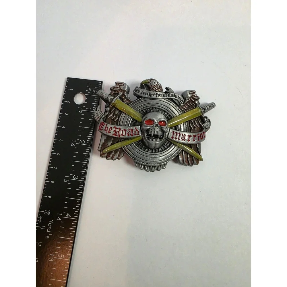 Vintage The Road Warrior Skull Eagle Belt Buckle Red Eye Biker Gothic Pewter